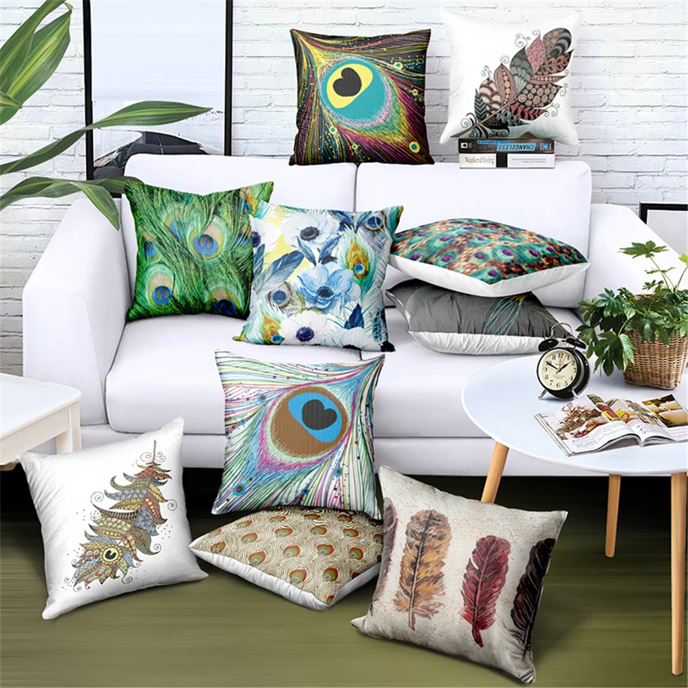 Colorful Peacock Feathers Cushion Cover Polyester Pillow Cover Decorative For Sofa/Car Home Decoration 45X45CM Throw Pillow Case