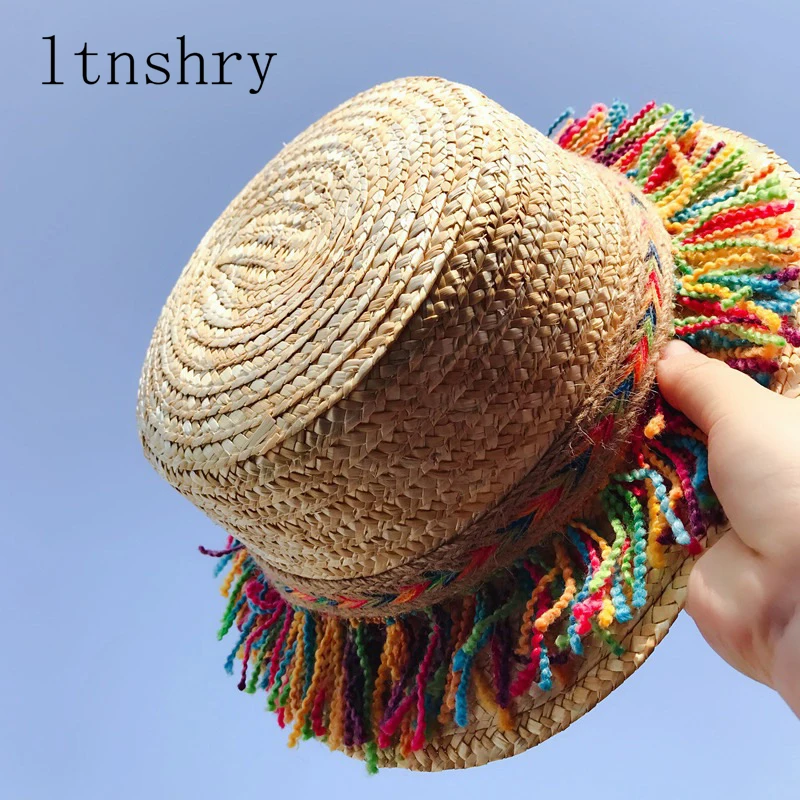 2018 Summer Parent-child sun hat Visor Tassel Beach Straw Hat Rainbow Children Outdoor Sun Caps Women Boho Ethnic Handmade Cap