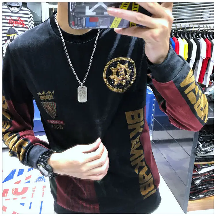 Fall/winter new tide brand Korean version of loose hot diamond printing gold velvet vests slim round neck bottoming shirt men