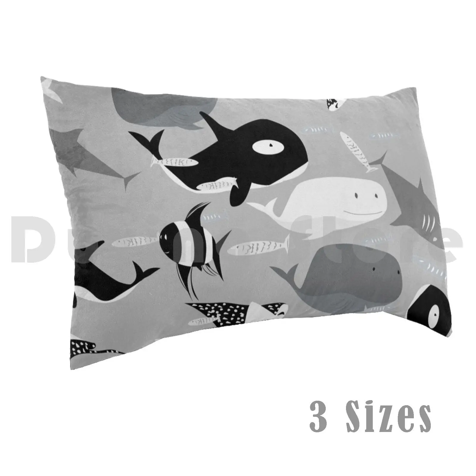 Ocean Creatures Pillow Case Printed 50x75 Ocean Sea Whale Killer Whale Stingray Shark Fish Blue Grey Animals