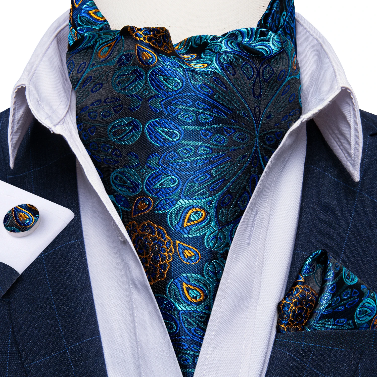 DiBanGu Men Luxury Silk Ascot Tie Cravat Tie Handkerchief Cufflinks 3pcs Set Blue Paisley Floral Wedding Party Cravats Necktie