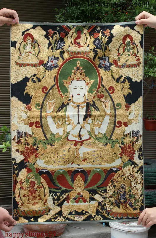 

36" Tibet Buddhism Silk Cloth 4 Arms Kwan-Yin GuanYin Embroidery Mural Thangka