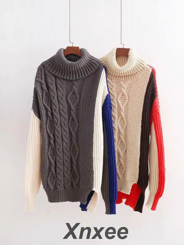 

Women's Contrast Color Winding Thick Knitted Sweater Female Loose Turtleneck Pullover Ladies Fashion Oversized Sweater Xnxee