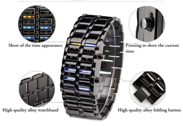 Upgraded Version Lava Iron Samurai Watch Men Bracelet Watches Men Binary Led Watches Black Stainless Steel Multifunction Watches