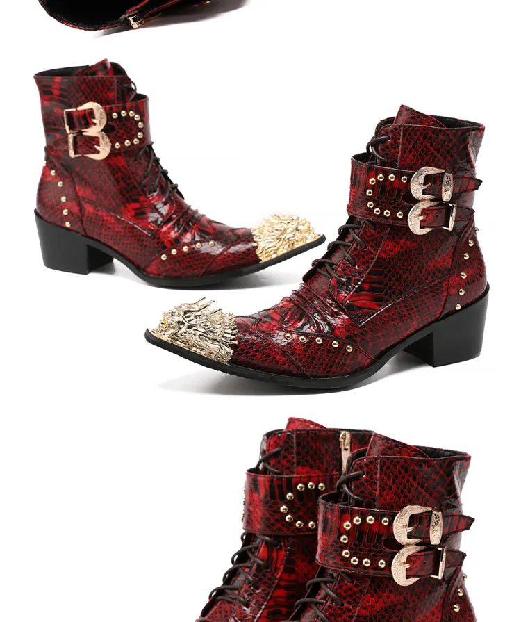 Herren Maßgefertigte Schlangenleder-Stiefel mit Nieten, Mittelhoch, Spitze Zehenkappe, Luxuriöser Singer-Modell-Stil, Bar-Party, Persönlichkeit, Herbstschuhe – Detail 9