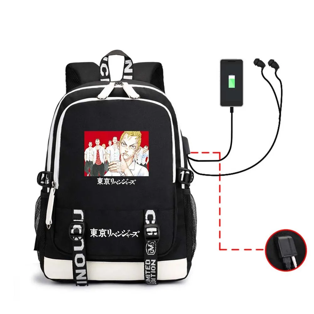 Tokyo Revengers Anime In Hình Ba Lô USB Đen Máy Tính Nam Nữ Du Lịch Daypack Sinh Viên Học Sinh Đựng Giày Đeo Vai