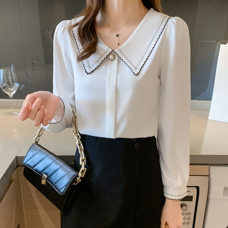 

Fashion Women Solid Shirts Office Lady Spring Autumn Long Sleeve Chiffon Blouse Female Elegant Peter Pan Collar Embroidery Tops