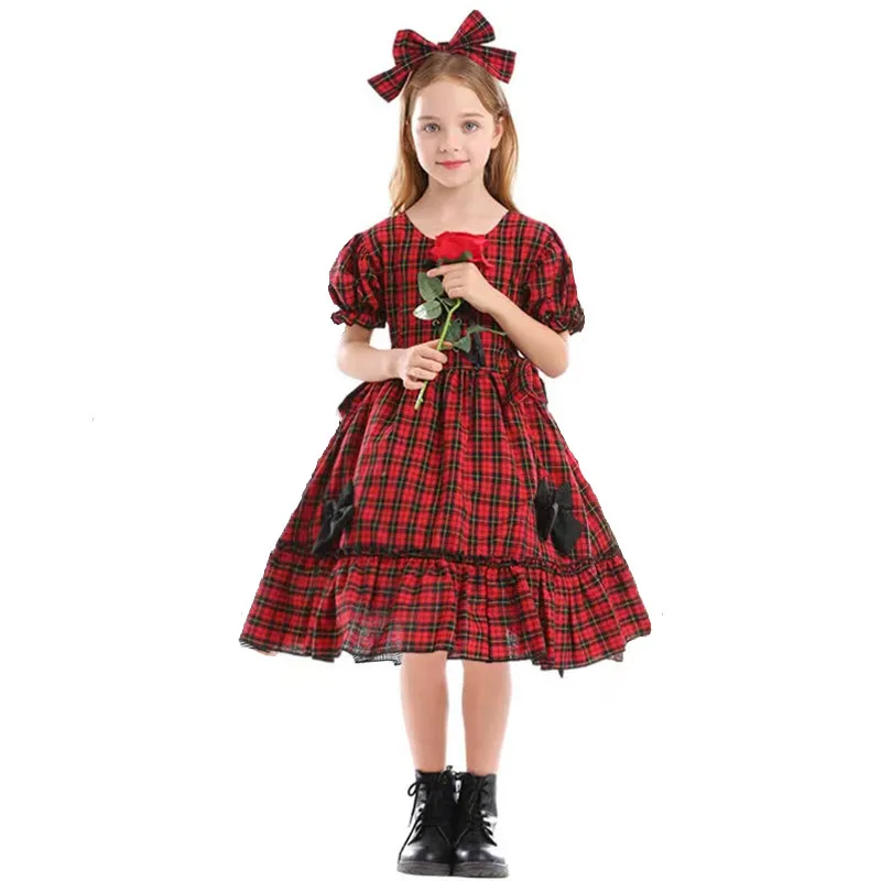 Robe de soirée Lolita rouge à carreaux pour filles, Cosplay Alice pour enfants, Costumes de serveuse d'halloween, de carnaval, de défilé et de jeu de rôle