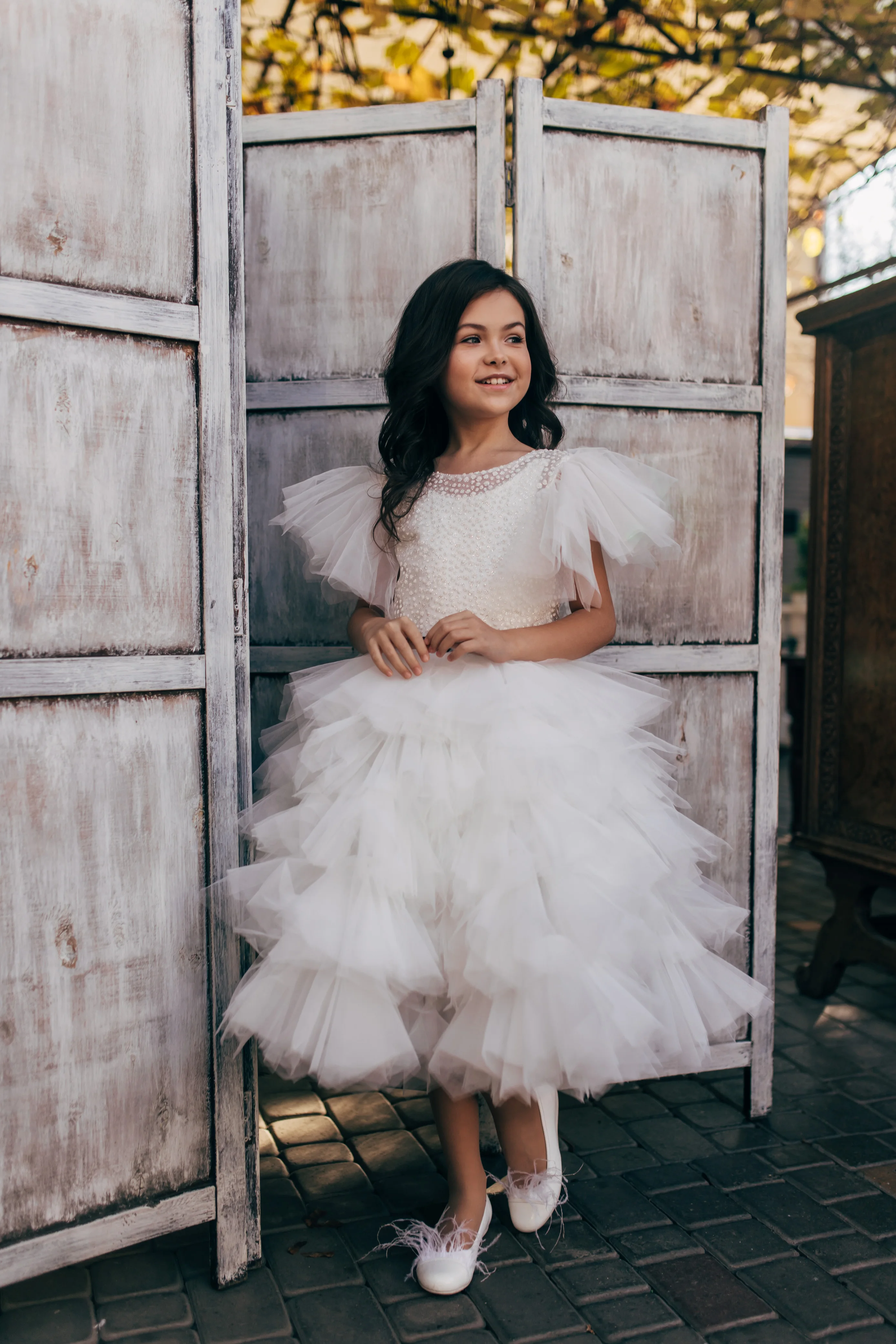 Robe trapèze à fleurs pour filles, en Tulle, à volants, sur mesure, à manches courtes, cadeau d'anniversaire pour petits enfants, robe de concours à plusieurs niveaux