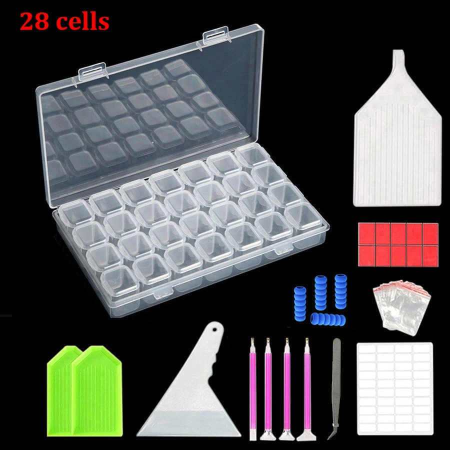 New Diamond Painting Tools Set 28 Cells Plastic Storage Box & 44Pcs Inlay Tool Kits for Diamond Painting Embroidery Accessories