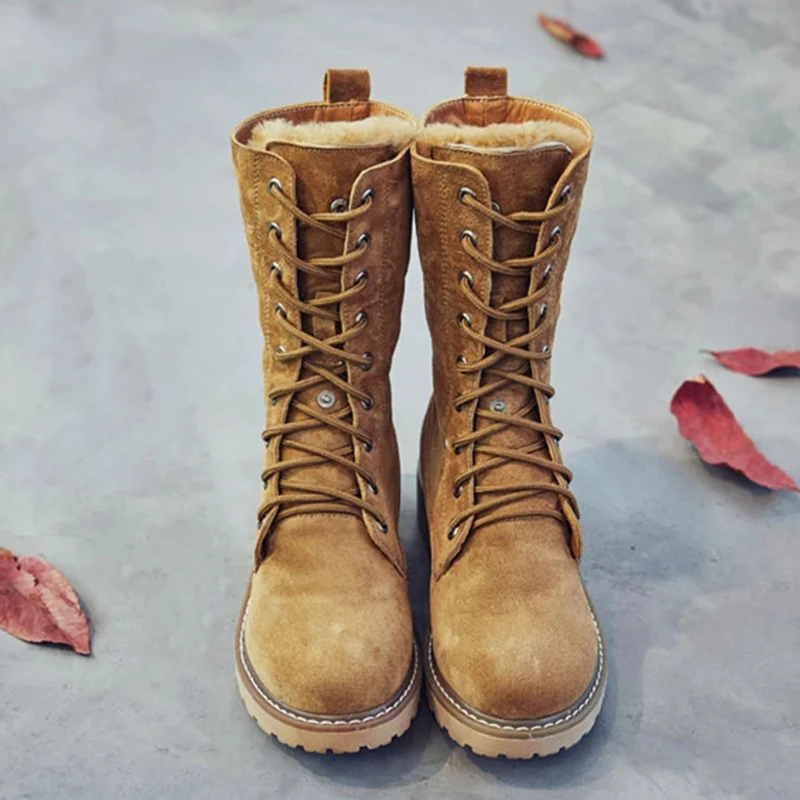 Botas de nieve de piel auténtica para mujer, zapatos de cuña de media caña, con plataforma, invierno, 2020