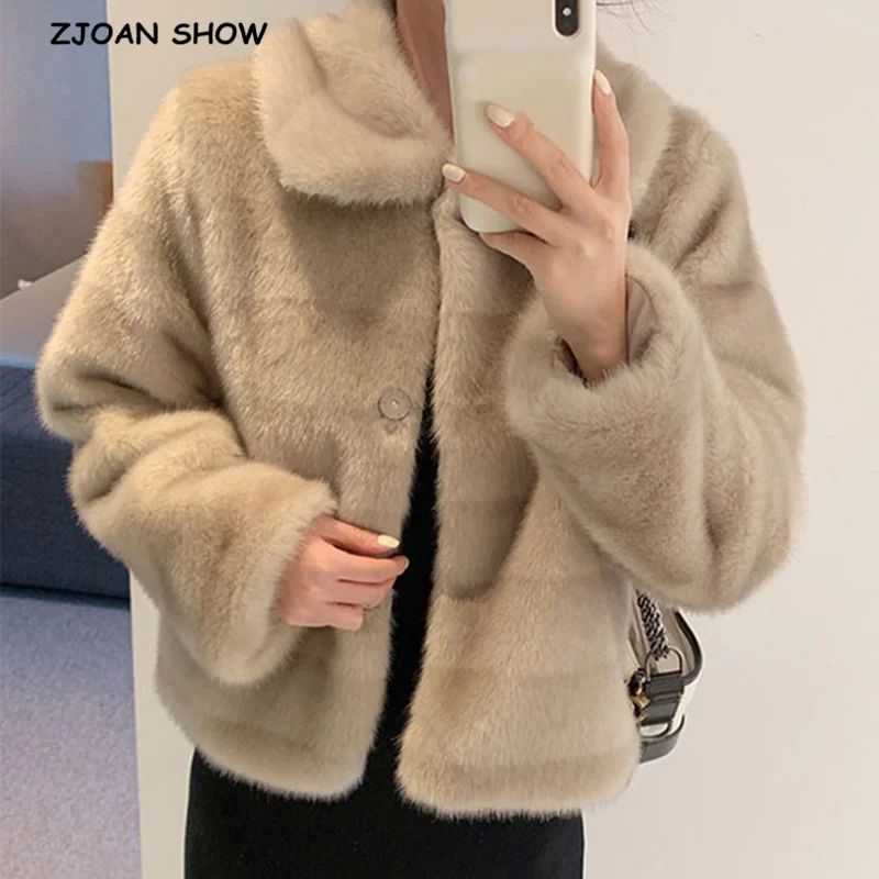Winter Turn down Collar Lapel Hairy Shaggy Soft Faux Fur Coat Green Women Long Sleeve Furry Fur Warm Jacket Short Outerwear