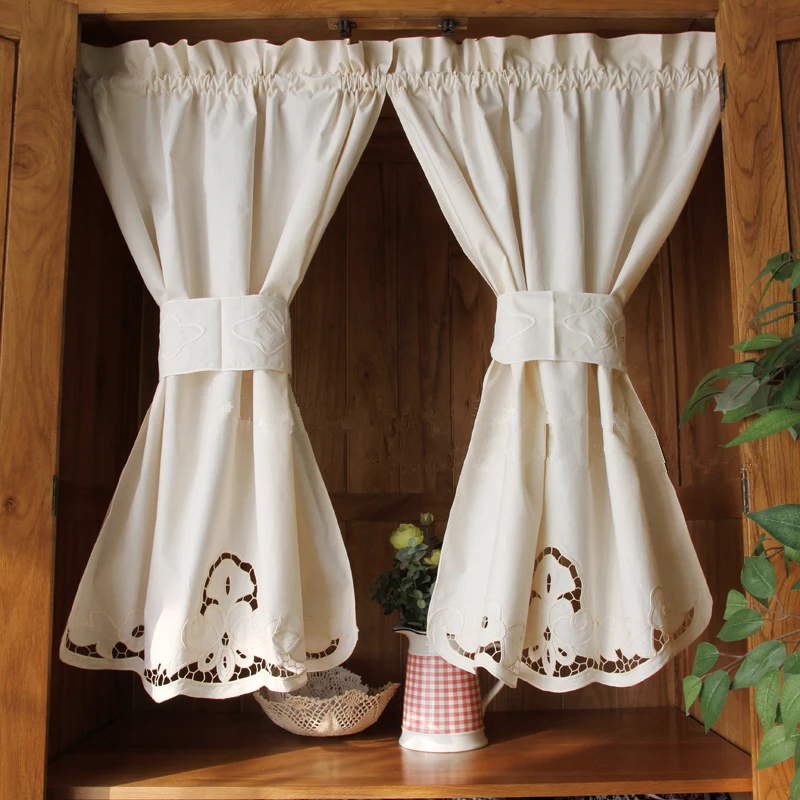 Short Coffee Curtain Retro Hollow Hem Wear Pole Triangular Curtains for Bar Kitchen Cabinet Door and Window