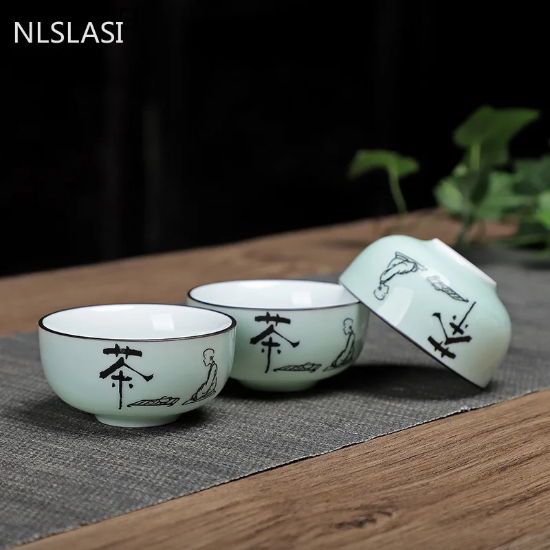 NLSLASI 3pcs/set ceramics tea Cup Longquan Celadon Handmade Tea set Hand painted teacup Personal Cup Master Cup 60ml
