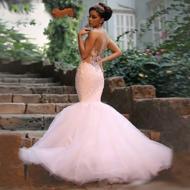 Vestido de novia africano, con cuentas de cristal, Apliques de encaje, tul, sirena, vestidos de novia con ilusión trasera