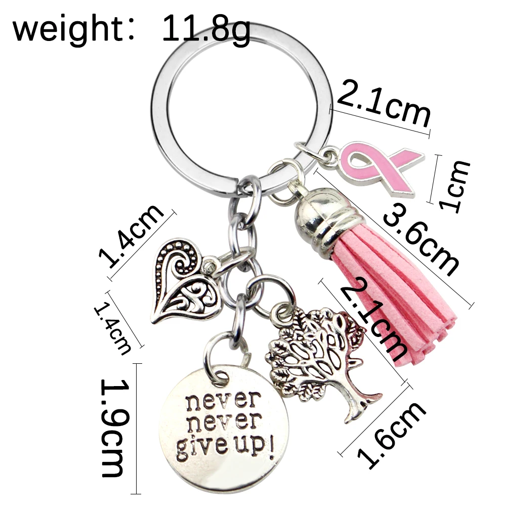 Breast Cancer Awareness Pink Ribbon Tassel Keychains Keyring Heart Life Tree Never Give Up Charms Key Chain Jewelry