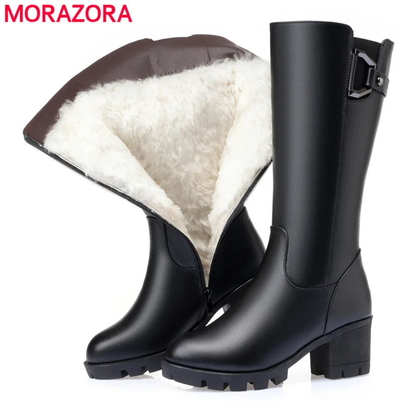 

MORAZORA Plus size 35-43 Real Wool Women Boots Square High Heels Cow Leather Mid Calf Warm Winter Boots Thick Fur Snow Botas