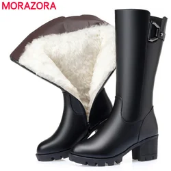 MORAZORA Plus size 35-43 Real Wool Women Boots Square High Heels Cow Leather Mid Calf Warm Winter Boots Thick Fur Snow Botas