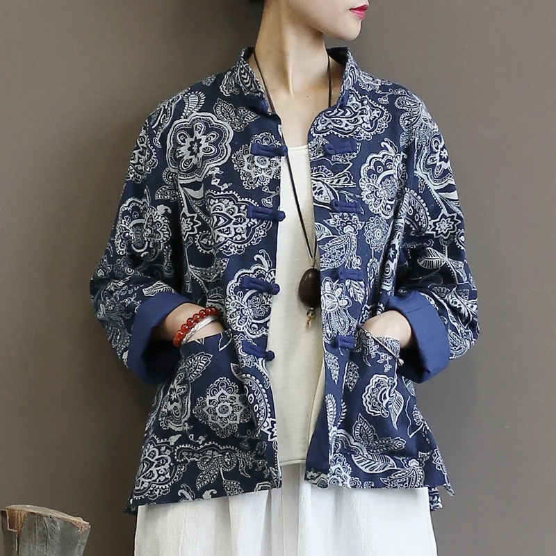 

Women Chinese Ethnic Style Print Coat Retro Long Sleeve Qipao Tops Zen Tea Casual Cheongsam Cardigan Oriental Jackets Blouse