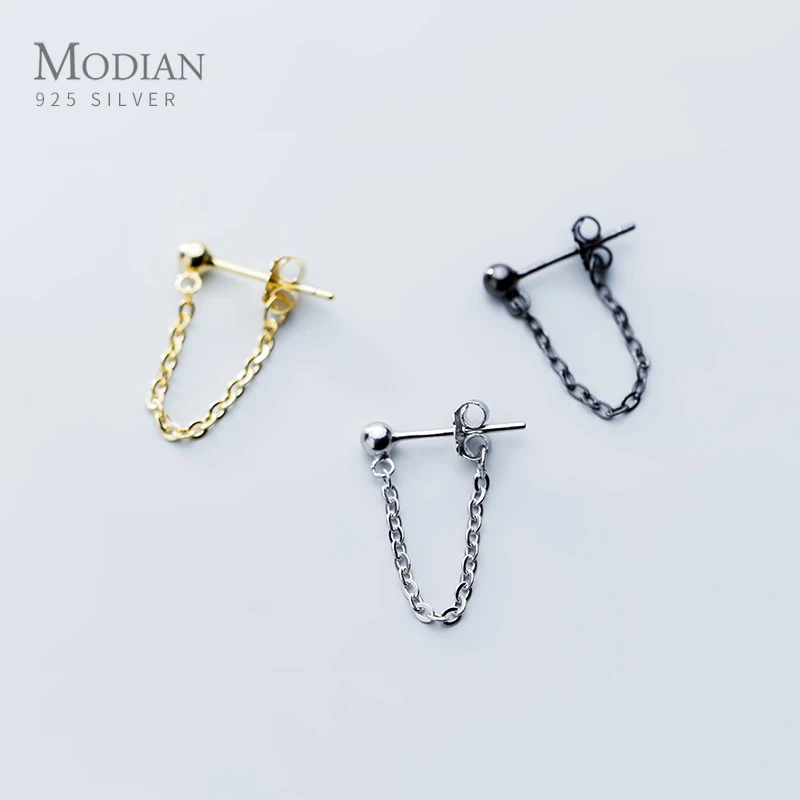 Modian Rock Punk Black Chain Stud Earrings Fashion 100% 925 Sterling Silver Bead Swing Jewelry For Women Party Classic Earring