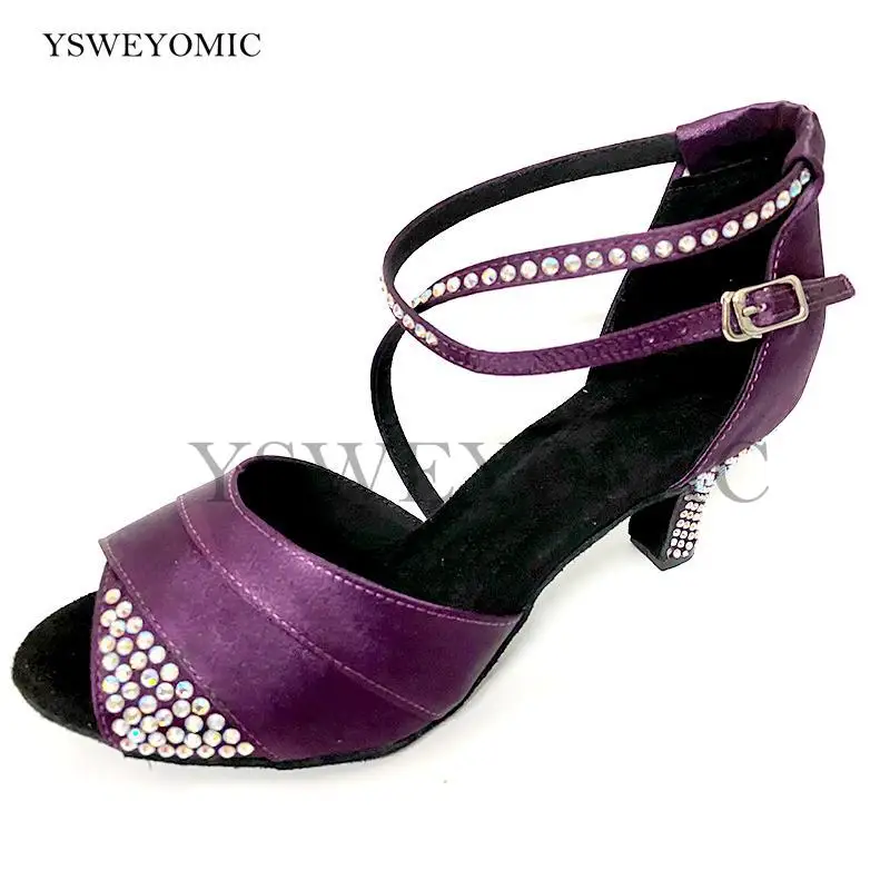 

Rhinestone Low Heel 6cm Purple Satin Latin Dance Shoes Women Waltz Soft Suede Outsole Indoor Ballroom Salsa Dance Shoes