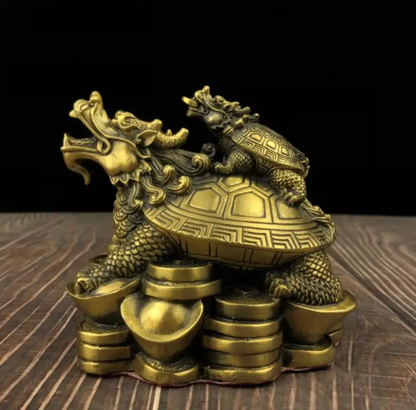 

China brass Mother and son dragon turtle crafts statue