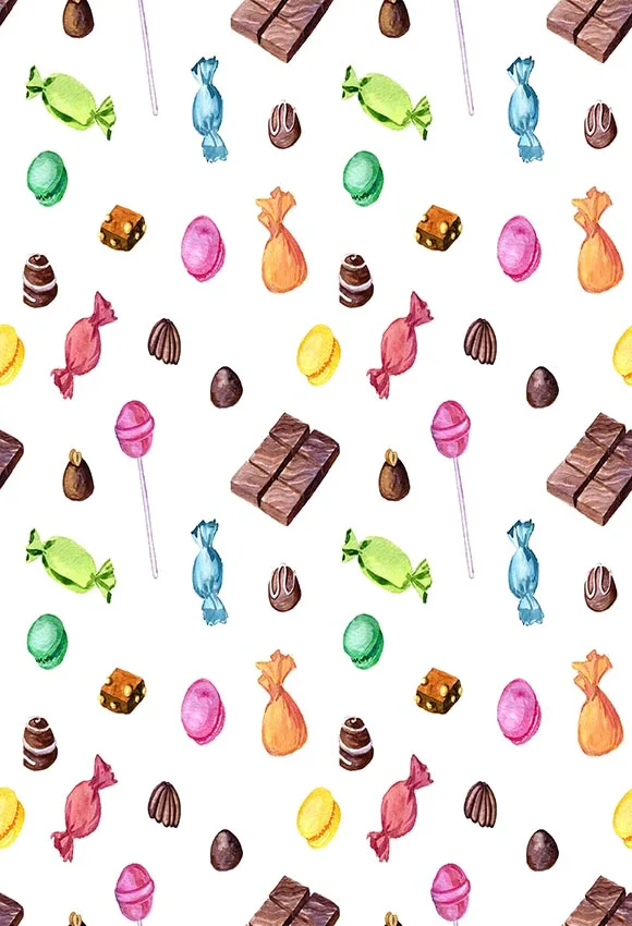 

5x7FT Watercolor Chocolate Candies Macaroons Lollipop White Wall Custom Photo Studio Background Backdrop Vinyl 150cm X 220cm