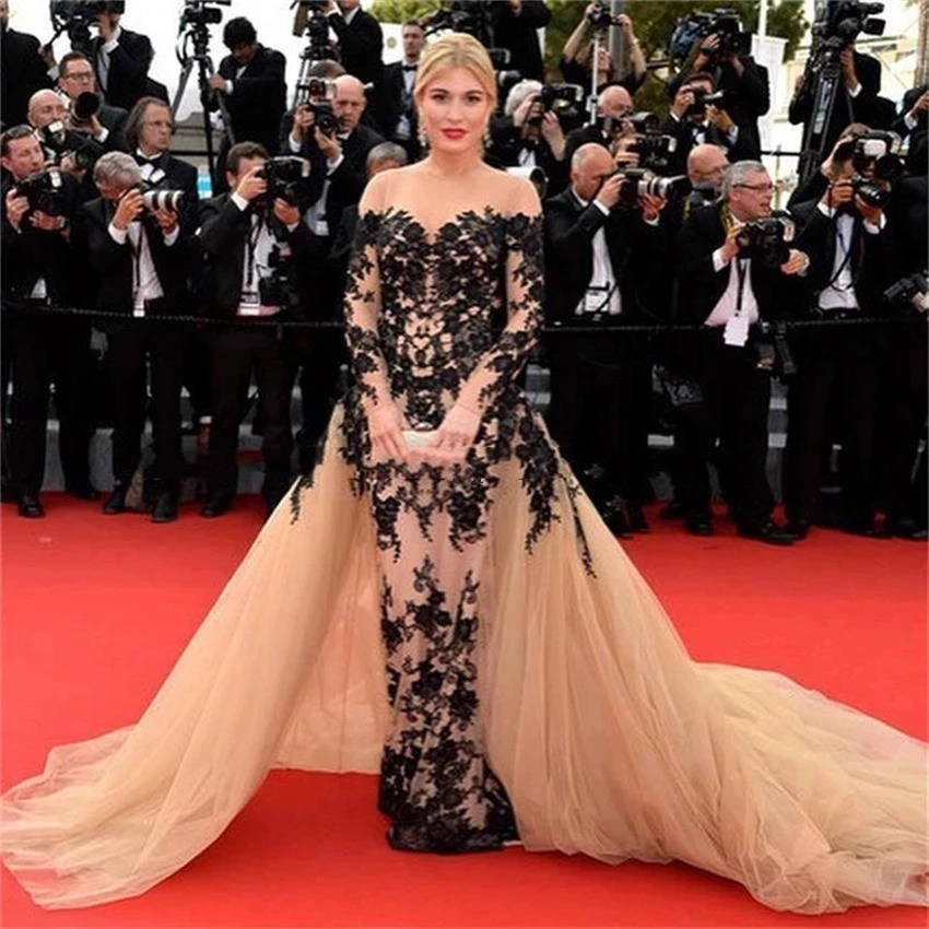 

Detachable Celebrity Dresses Mermaid Long Sleeves Tulle Appliques Lace Famous Long Formal Red Carpet Dresses