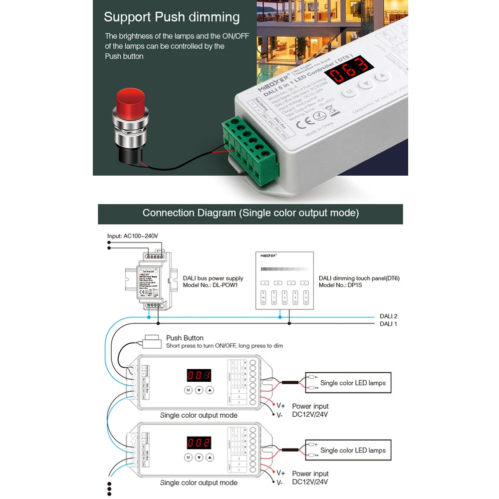 Controle para fita led dali 5 em 1 12 ~ 24v, suporte regulador de luz dt8 rgb/rgbw/rgb + modo de saída compatível com painel dalí
