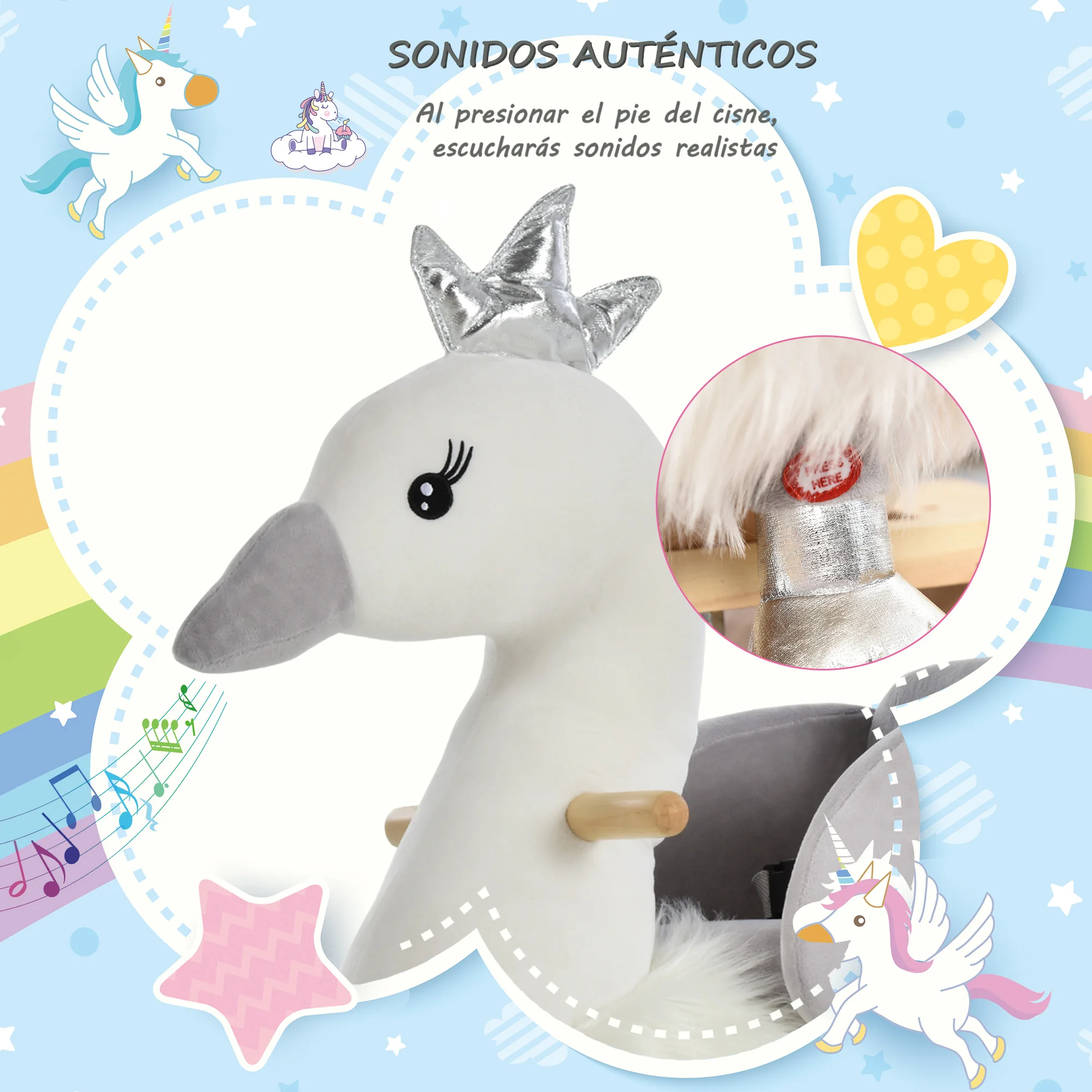 Imagen 6: HOMCOM Balancín Forma de Cisne +18 Meses con Sonido 60x33x59 cm Blanco y Gris