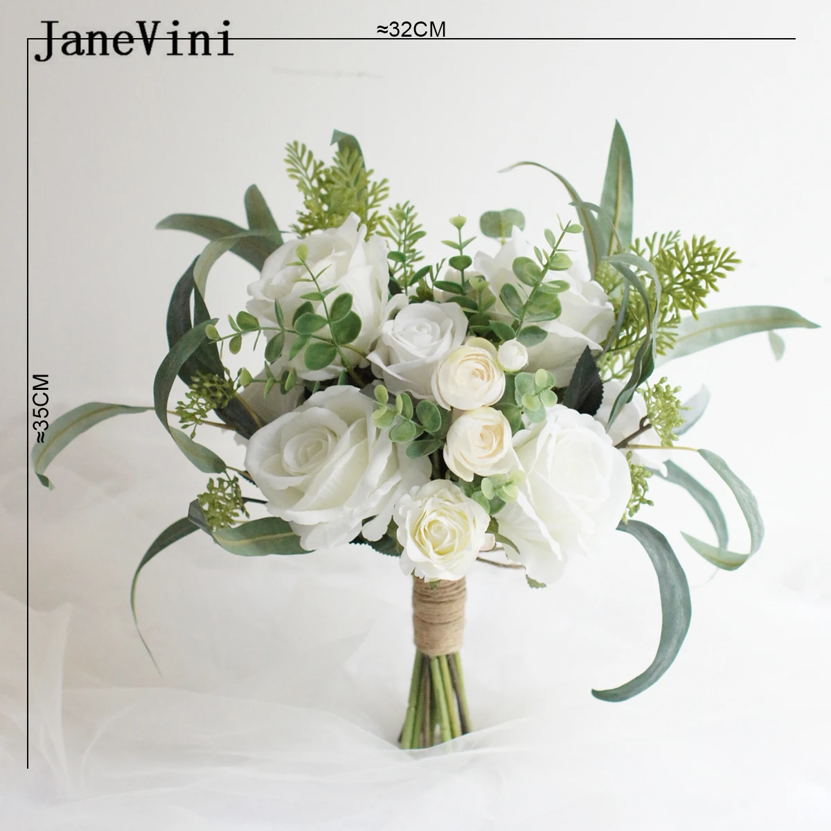 Janevini-白いウェディングブーケ,韓国スタイル,人工ユーカリ,シルク,バラ,自由奔放に生きる,花の花束