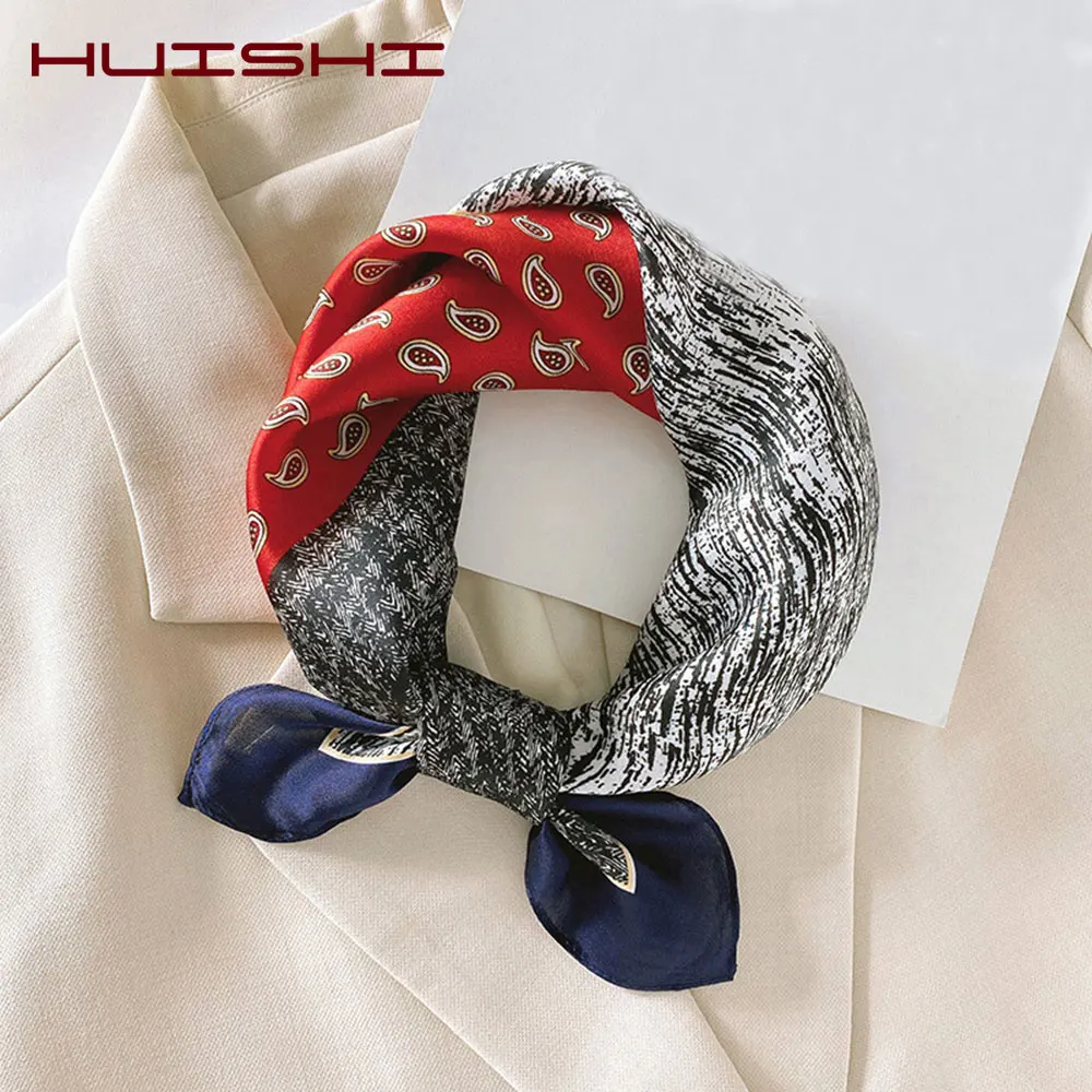 HUISHI Small Scarf Fashion Kerchief Women Head Scarf For Hair Grey Red Black Blue Silk Neck Scarves Female 53cm Square Bandanas