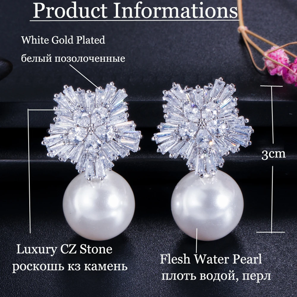 ThreeGraces Famous Designer Jewelry Sparkling Snow Flower Cubic Zirconia Crystal Setting Big Pearl Stud Earrings for Women E0006