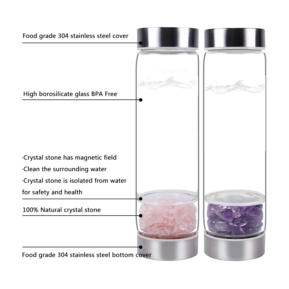 Natural Crystal Quartz Elixir Bottles Gemstone Glass lnfuser Energy Cup Therapy Stone Bottle