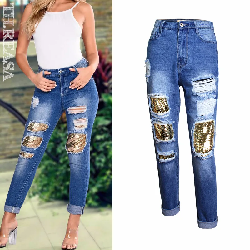 

Women Jeans Pants BF Style Women's Sequins Straight Tube Beggar Big Hole JEANS NEW Loose Cropped Pants