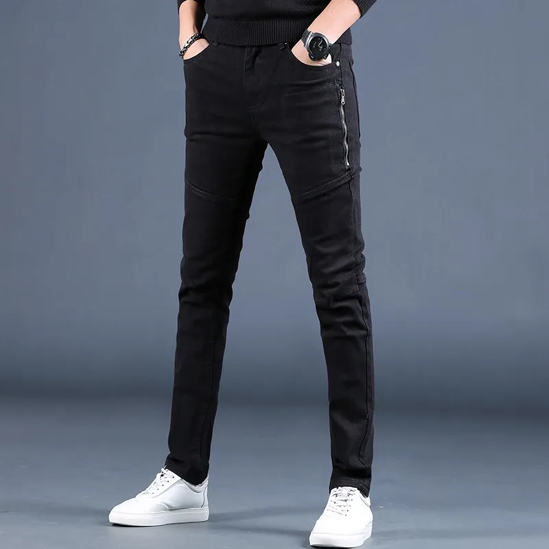 Pantalones Vaqueros informales de corte recto para hombre, Jeans ajustados elásticos negros, Ropa de calle de moda, pantalones Vaqueros de algodón