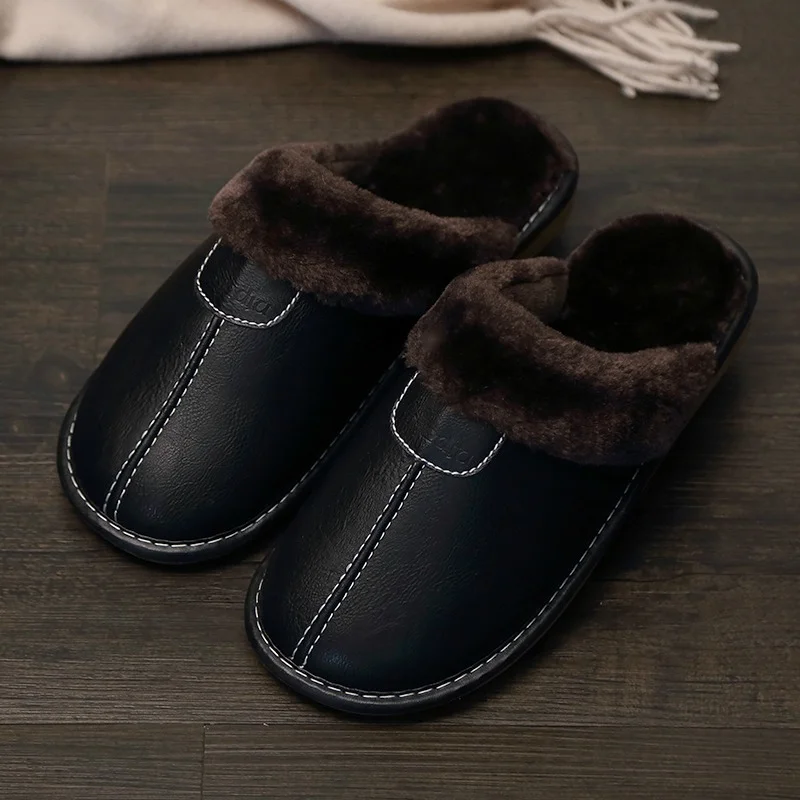 Men Winter Leather Slippers Bedroom Cotton Slippers Waterproof Thick Plus Velvet Indoor Warm House Home Slippers Shoes Fashion