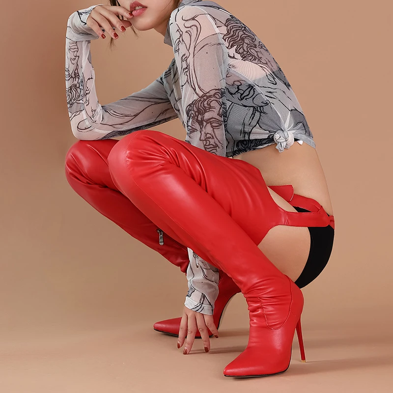 Sgesvier Sexy Women Over Knee Boots PU Leather Thin Heel Fashion Thigh High Boots Waist Belt Strap Zip Shoes Woman Size 37-47