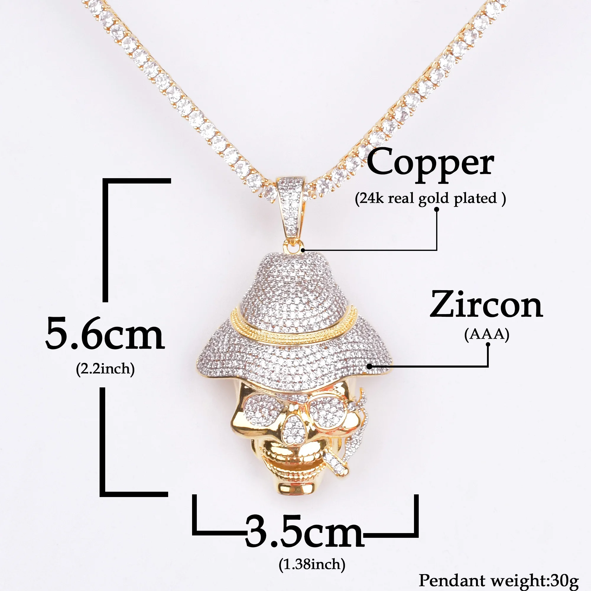 Skull Shape With Smoke Pendan Necklace With Tennis Chain Double Color Bling Zircon Fashion Hip Hop Rock Street Jewelry