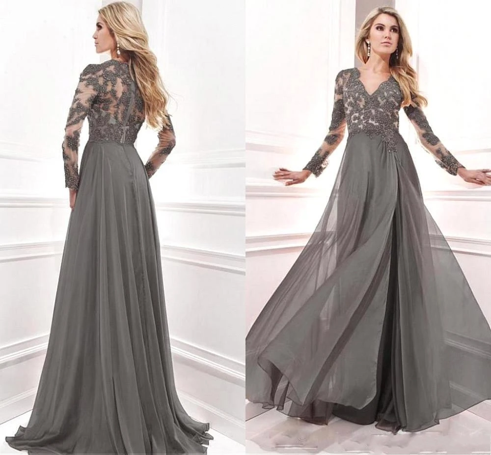 New Gray Mother of the Bride Dresses Formal Party Gown Lace Appliuqes Long Sleeve V Neck Robe De Soriee Customized