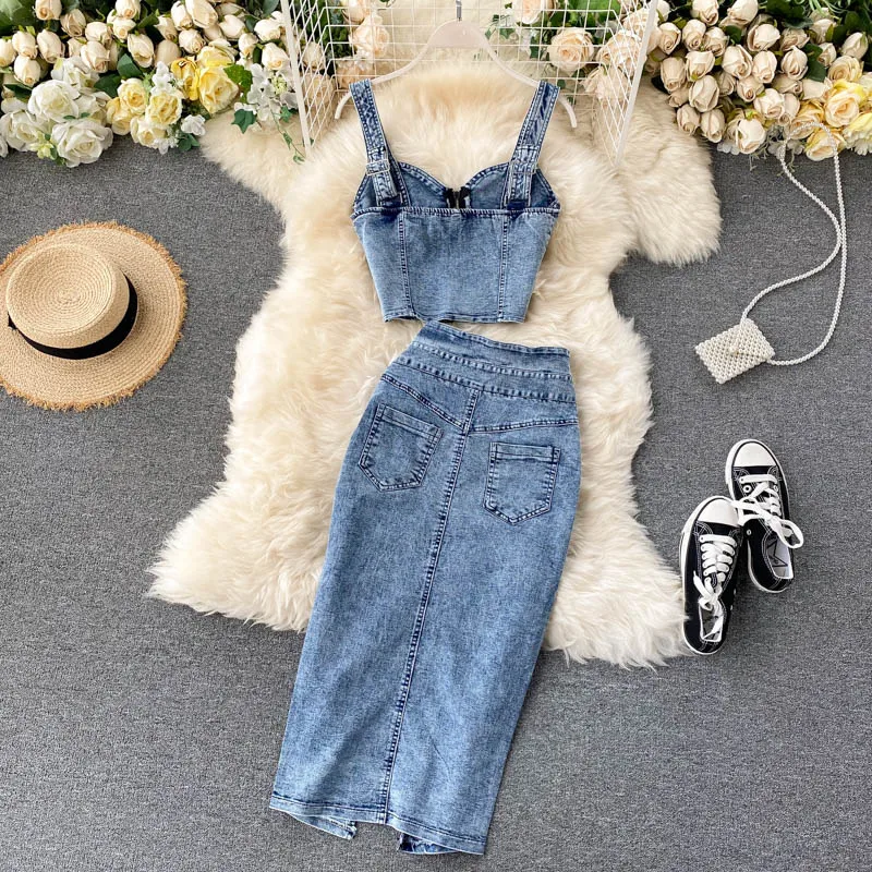 Amolapha Women Jeans Vest+Skirts Sets Straps Tops Buttons Denim Skirt Suits for Woman