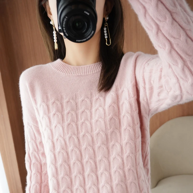 100% Pure Wool Cashmere Sweater Autumn/Winter 2021 Women\'s O-Neck Pullover Twist Casual Knitted Top Long-Sleeved Females Jacket