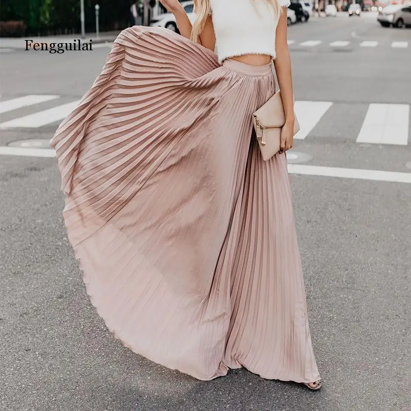 New Spring Summer High Waist Pleated Skirt Women Chiffon Skirt Long Skirt Solid Big Size Young Ladies Party Saia Femme 3xl