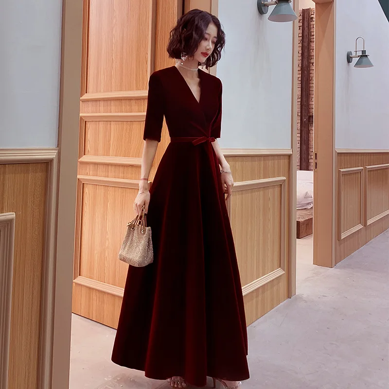 

Sexy V-Neck Bow Belt Half Sleeve Velour A-Line Evening Dress Wedding Formal Gown Robe De Soiree Vestido De Noche Cheongsam