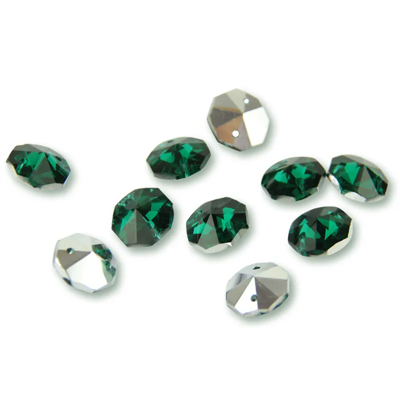 

14mm Glass Octagon Beads 50 Pieces Zircon Green Silver-plated Bottom Color With Two Holes Prism Hanging On The Chandelier