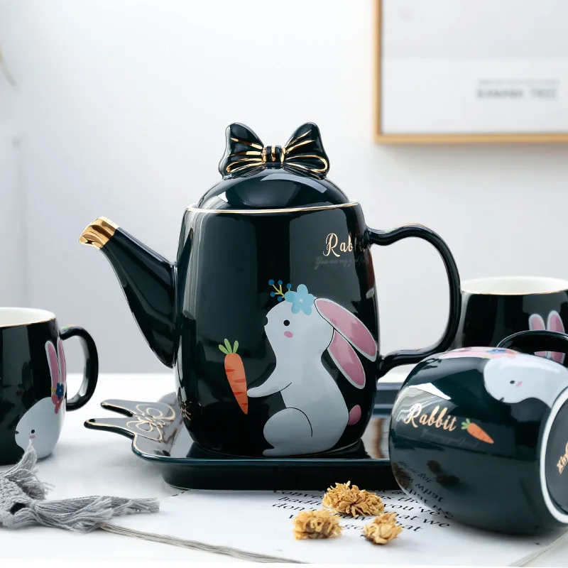 Ceramic Coffee Tea Set Korean Cartoon Rabbit Coffee Pot Cup Tray Gift Box Set Home Afternoon Tea Set Water Set Jug Multicolor