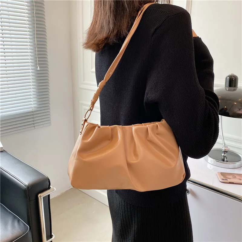 Pleated Cloud Bag Handlebags for Women PU Bags Leisure Armpit Bag Shopping Shoulder Bags Dumpling Handbag Female