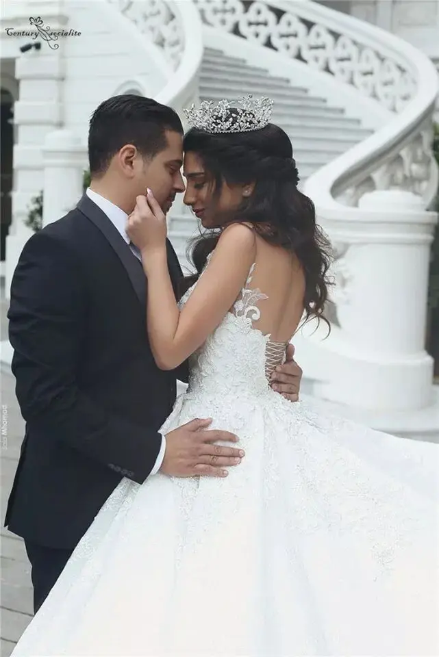 Vestido de novia musulmán de encaje con tirantes finos, traje de novia con cuello en V, con cordones en la espalda, talla grande, 2021