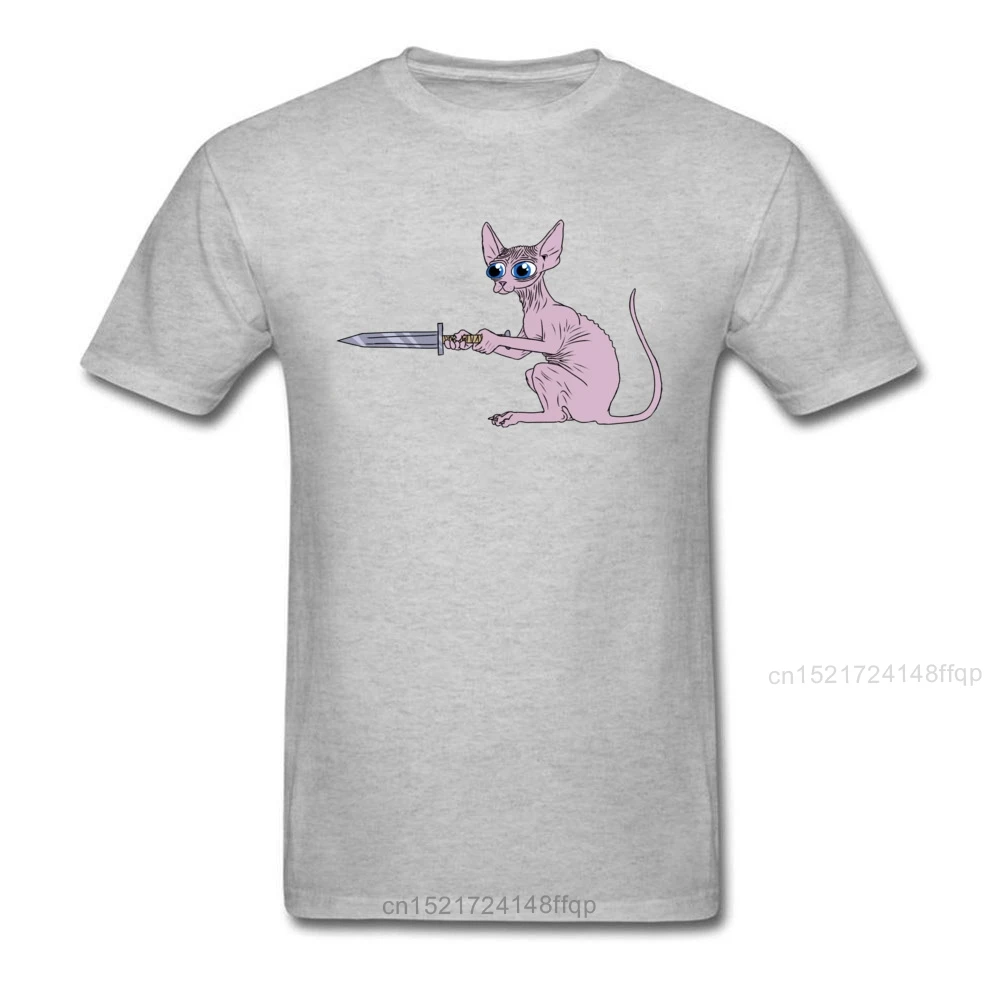 Creative Design Sphynx Swordsman Black T-shirt Canadian Hairless Cat Print Cartoon Tops Men Short Sleeve Fun Tee Shirt