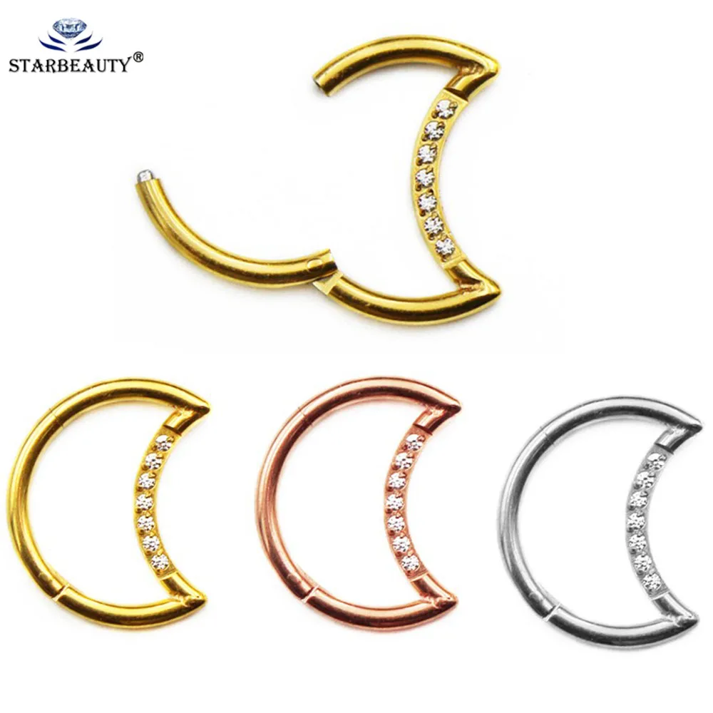 G23 Titanium Moon Shaped Nostril Septum Piercing Ear Tragus Cartilage Helix Lip Earring  Clicker Segment Hoop Nose Rings Zircon